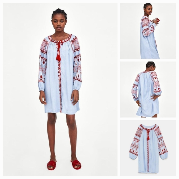 Zara Dresses & Skirts - Zara Embroidered Button Front Shirt Dress